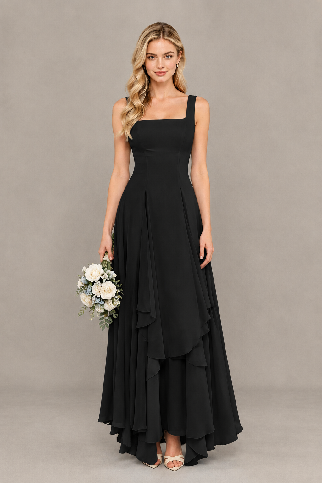 BOLODOO Black Square Neck Chiffon Bridesmaid Dress with Lace-Up Back - Black