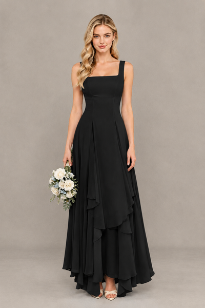 BOLODOO Black Square Neck Chiffon Bridesmaid Dress with Lace-Up Back - Black