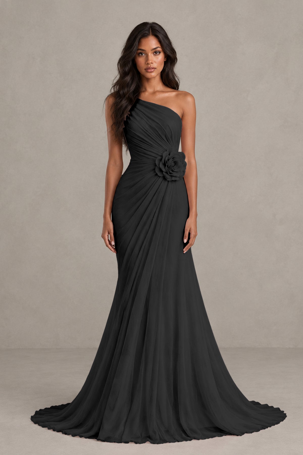 BOLODOO Black One-Shoulder Floral Ruched Maxi Dress - Black
