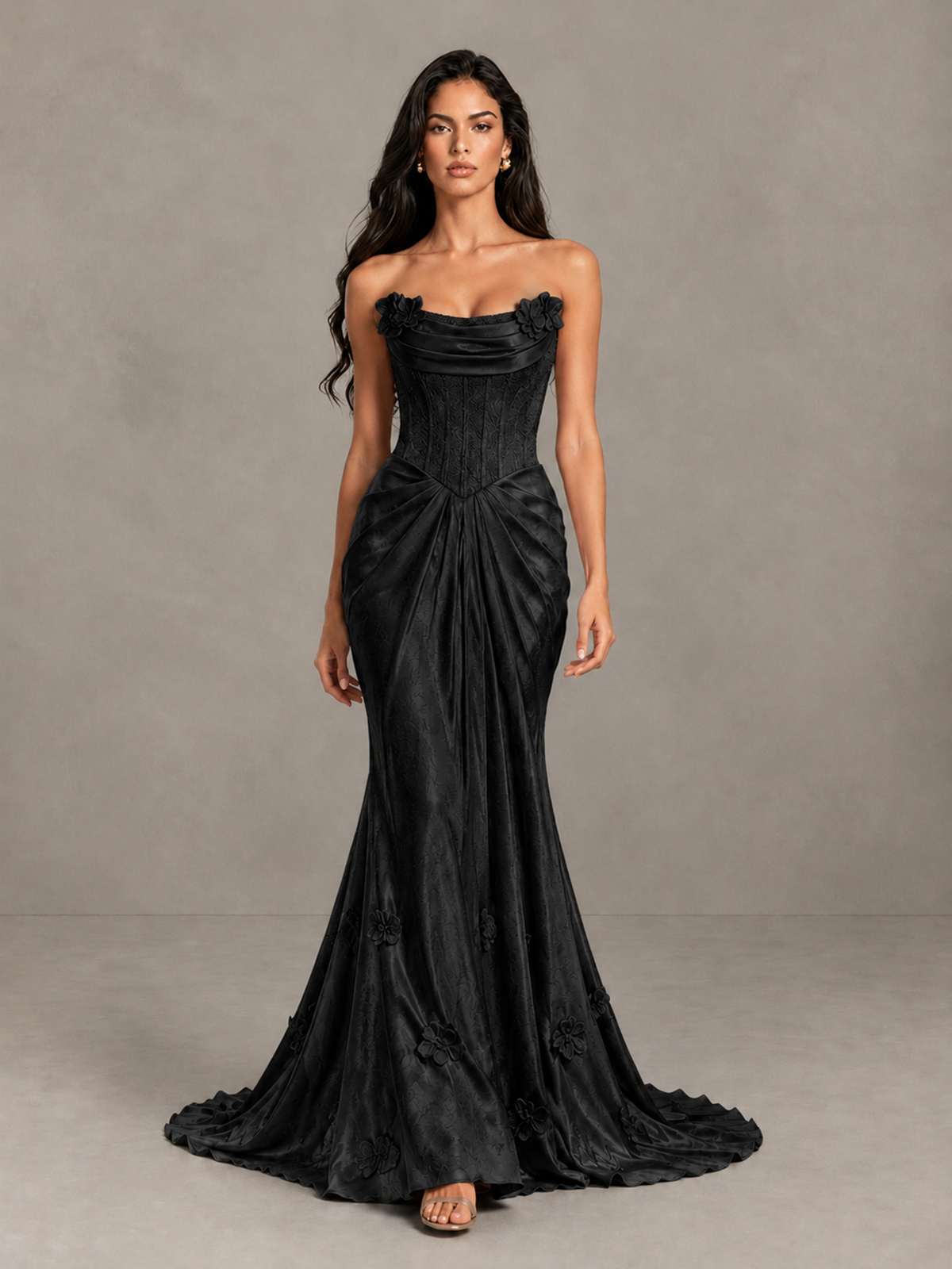 BOLODOO Black Strapless Floral Corset Evening Gown with Train - Black - Black_1