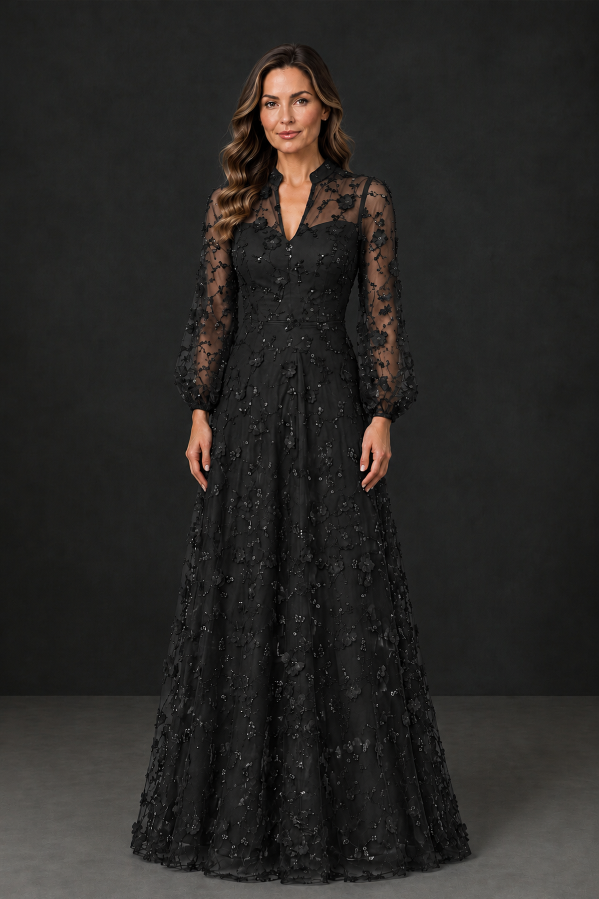 BOLODOO Black Long Sleeve Floral Mother of the Bride Dress - Black - Black_1