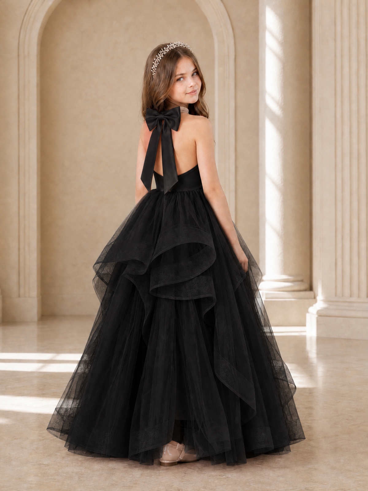 BOLODOO Black Halter Tiered Tulle Flower Girl Dress with Bow Back - Black - Black_1