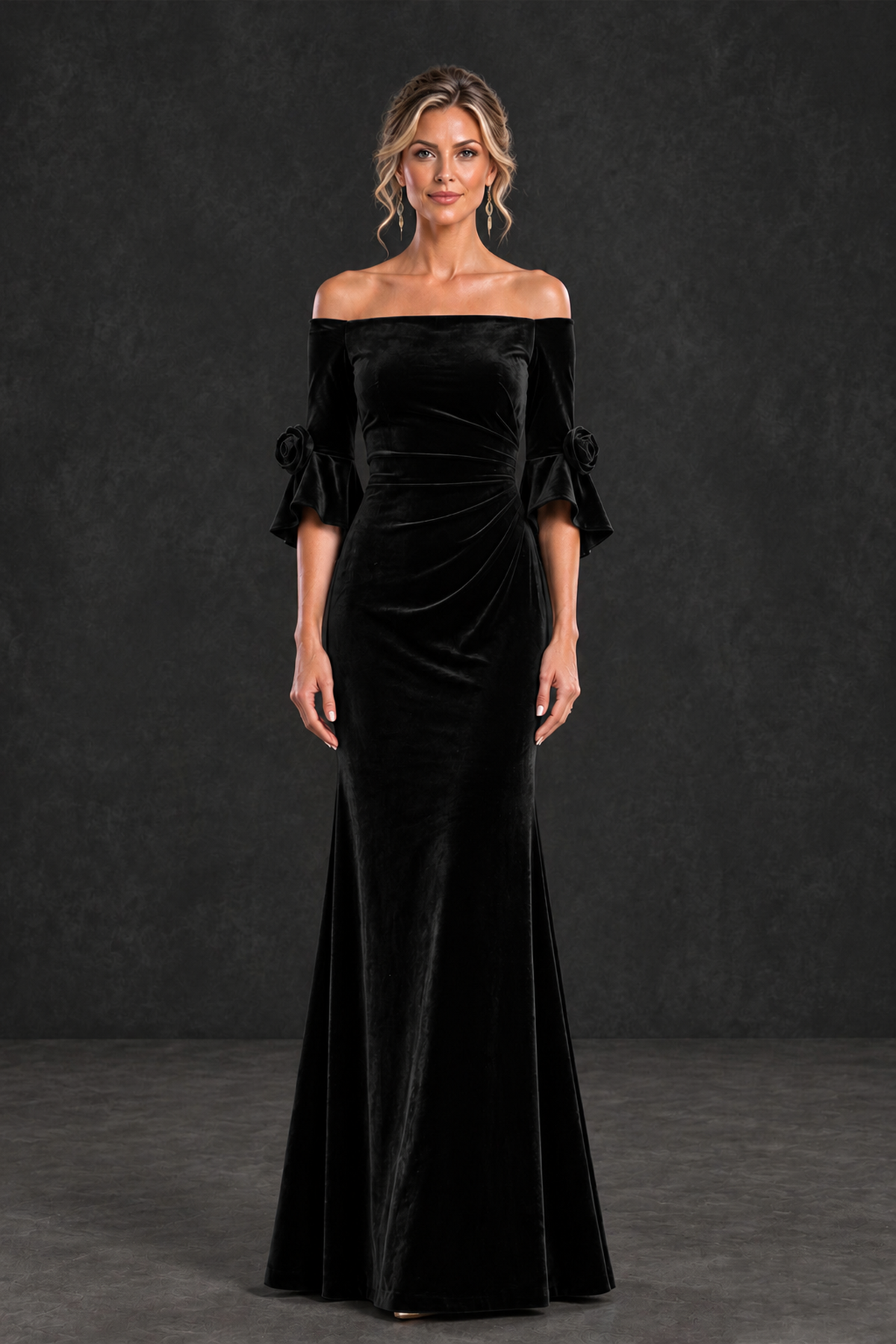 BOLODOO Black Velvet Off-Shoulder Mother of the Bride Dress – 3/4 Floral Cuff Sleeve Mermaid Evening Gown - Black - Black_1