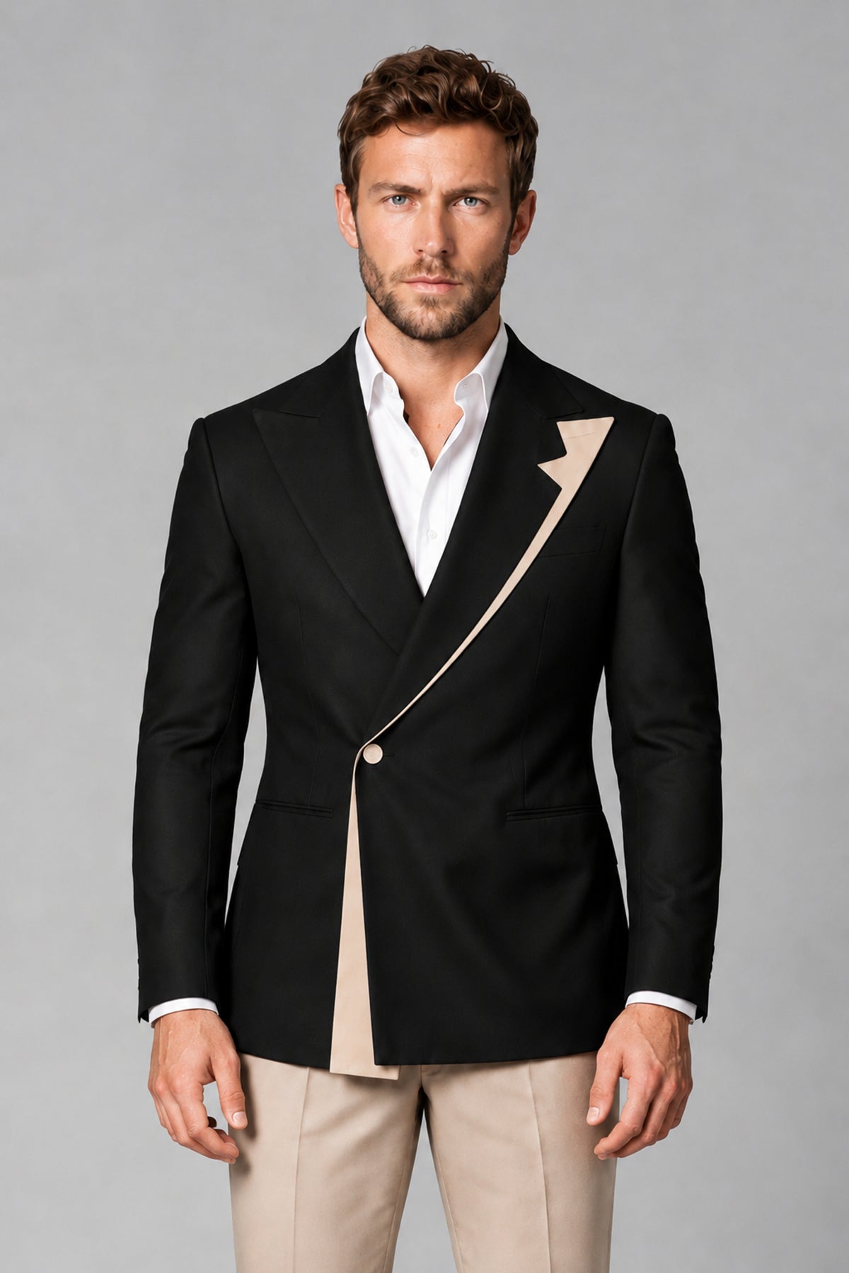 BOLODOO Men's Black Double-Breasted Blazer & Khaki Trousers Tuxedo 2-Piece Suit Set - Black - Black_1