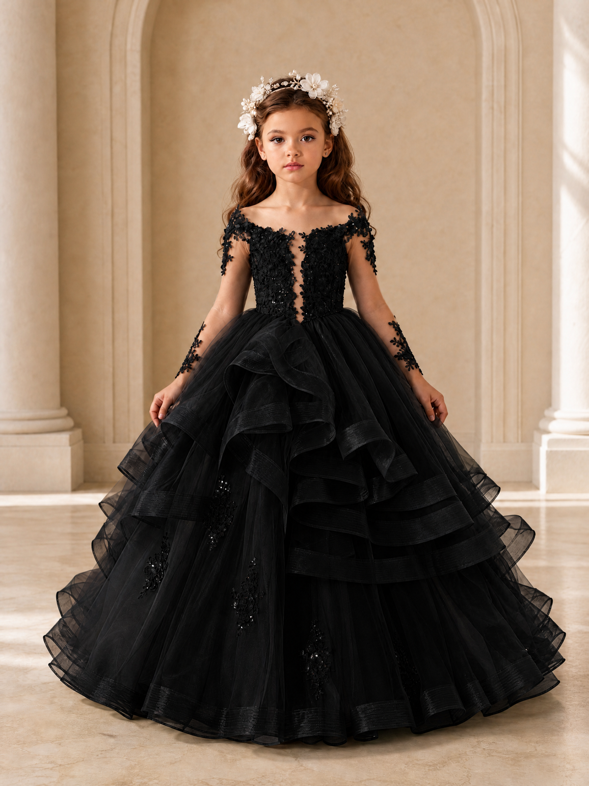 BOLODOO Black Lace Long Sleeve Tiered Flower Girl Dress - Black - Black_1