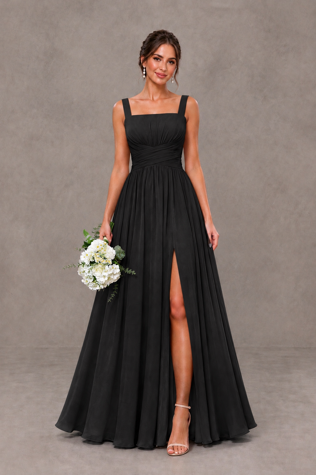 BOLODOO Black Square Neck A-Line Bridesmaid Dress with Slit - Black - Black_1