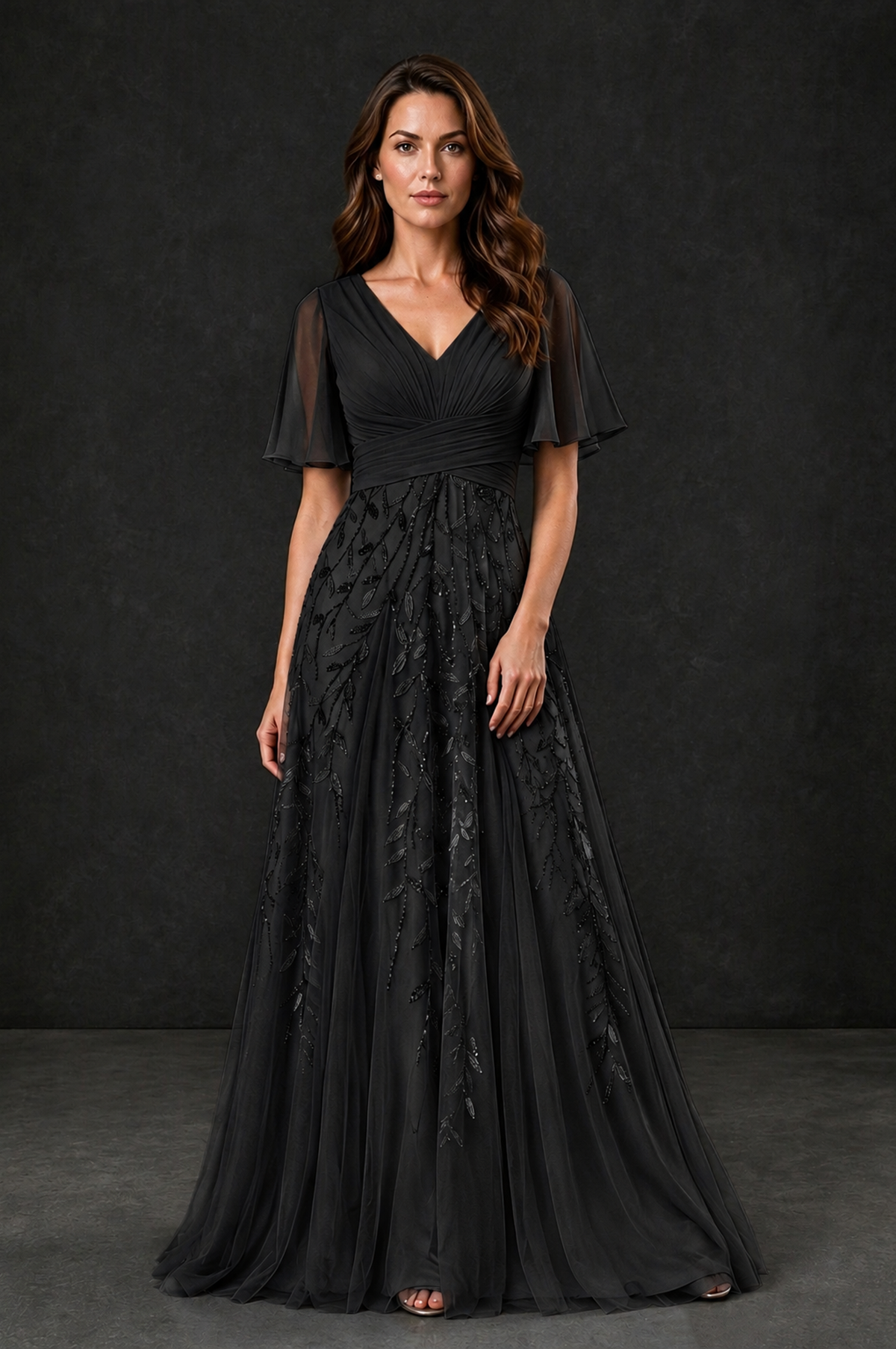 BOLODOO Black V-Neck Flutter Sleeve Beaded Botanical Tulle A-Line Gown | Mother of the Bride Evening Dress - Black - Black_1