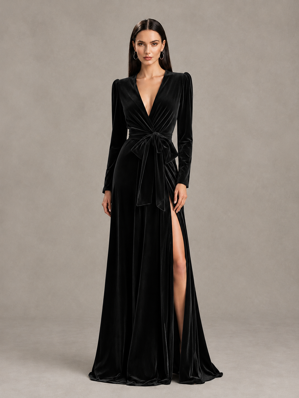 BOLODOO Black Long Sleeve Velvet-Look Evening Dress with High Slit - Black - Black_1