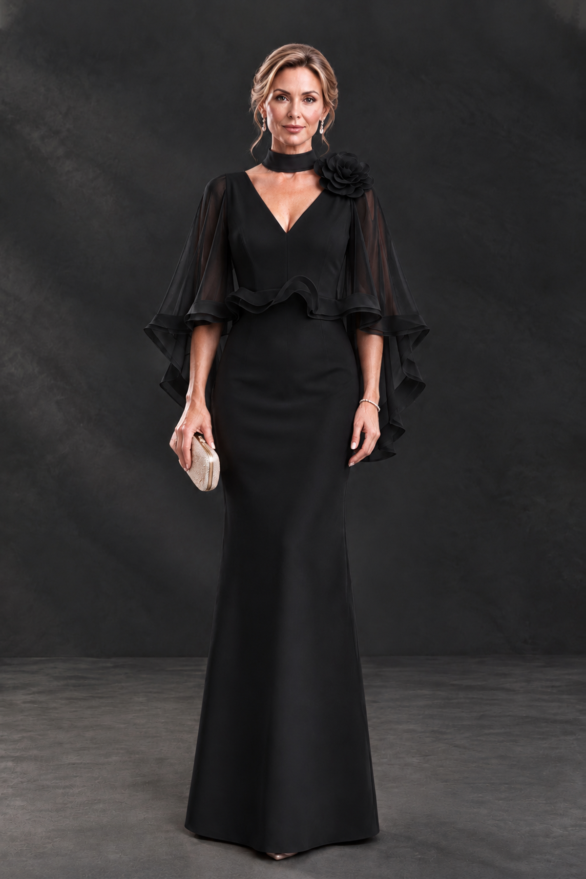 BOLODOO Black Floral Cape Sleeve Mother of the Bride Dress - Black - Black_1