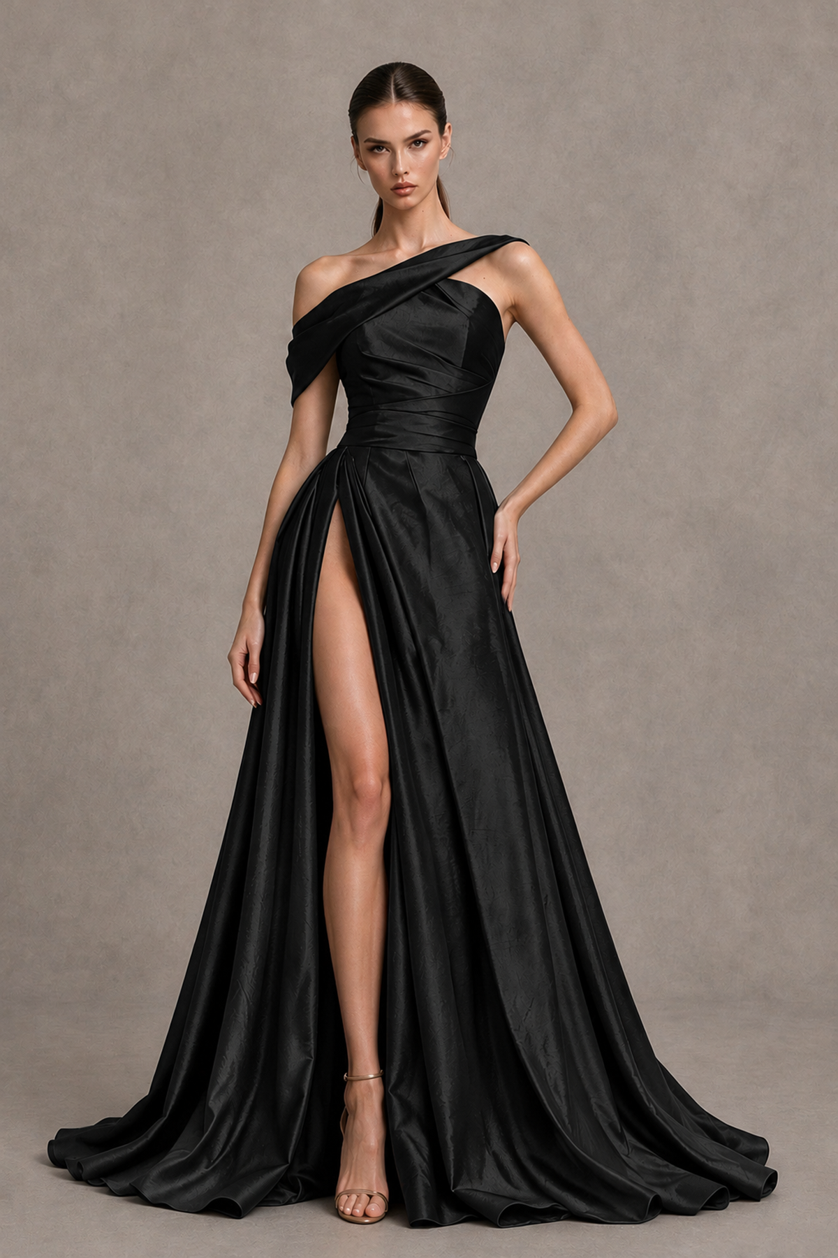 BOLODOO Black Asymmetric Satin-Look A-Line Prom Dress with High Slit - Black - Black_1