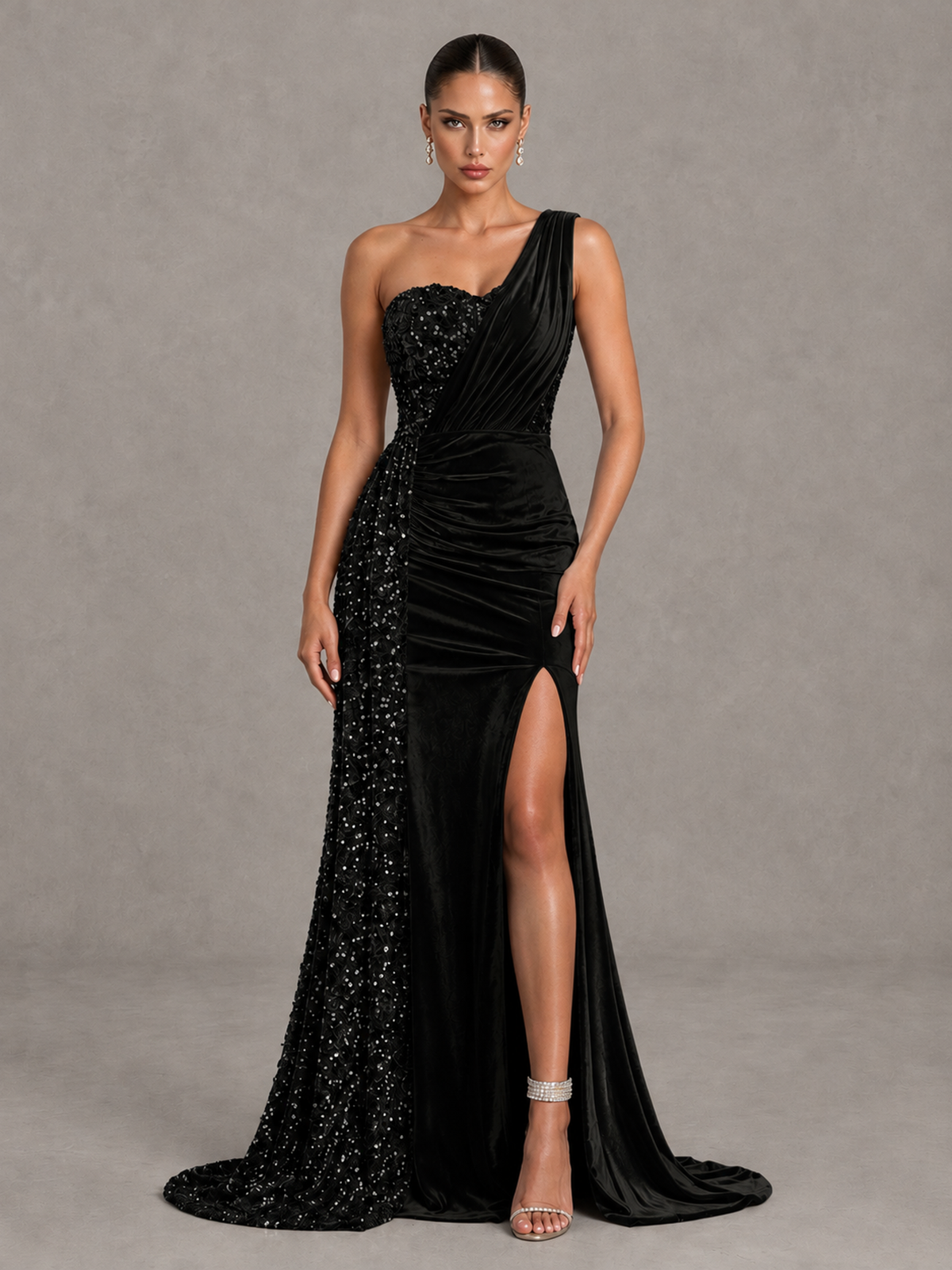BOLODOO Black One-Shoulder Satin Sequin Gown with High Slit - Black - Black_1