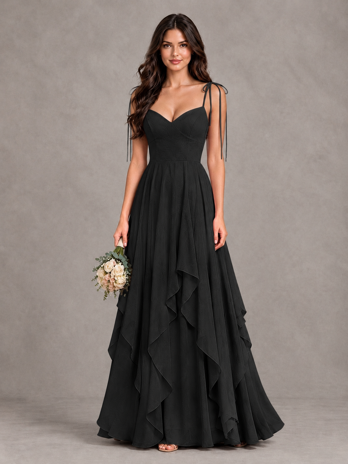 BOLODOO Black Tie-Strap Ruffle A-Line Bridesmaid Dress - Black - Black_1