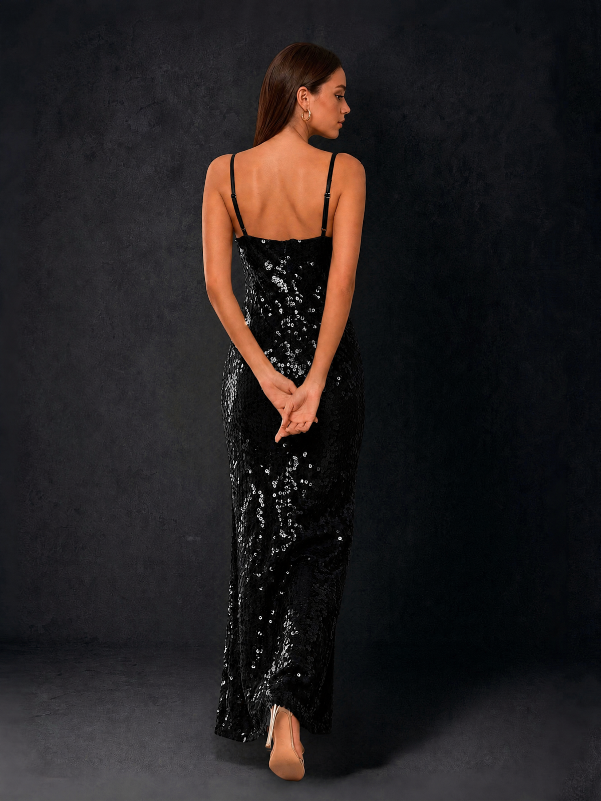 BOLODOO Bronze Sequin Cowl Neck Spaghetti Strap Mermaid Maxi Dress with Open Criss-Cross Back - Black - Black