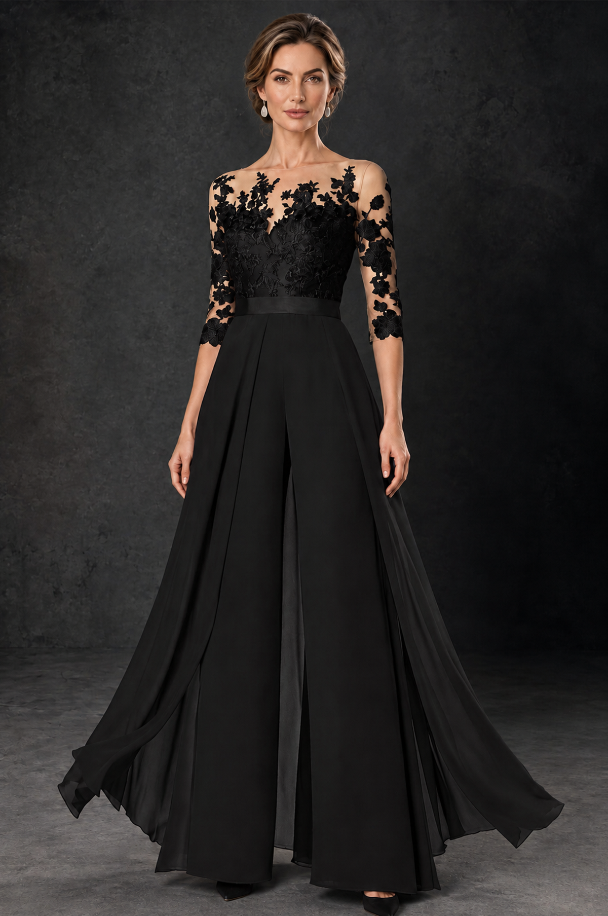 BOLODOO Black Lace Wide-Leg Jumpsuit with Three-Quarter Sleeves - Black - Black_2