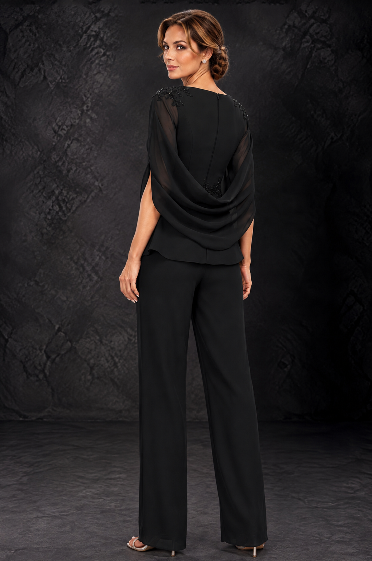BOLODOO Black Embellished Cape Sleeve Mother of the Bride Pantsuit - Black - Black_2