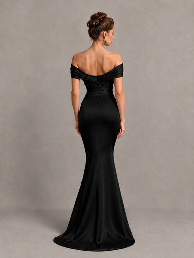 BOLODOO Black Off-Shoulder Satin Mermaid Prom Dress - Black - Black_2