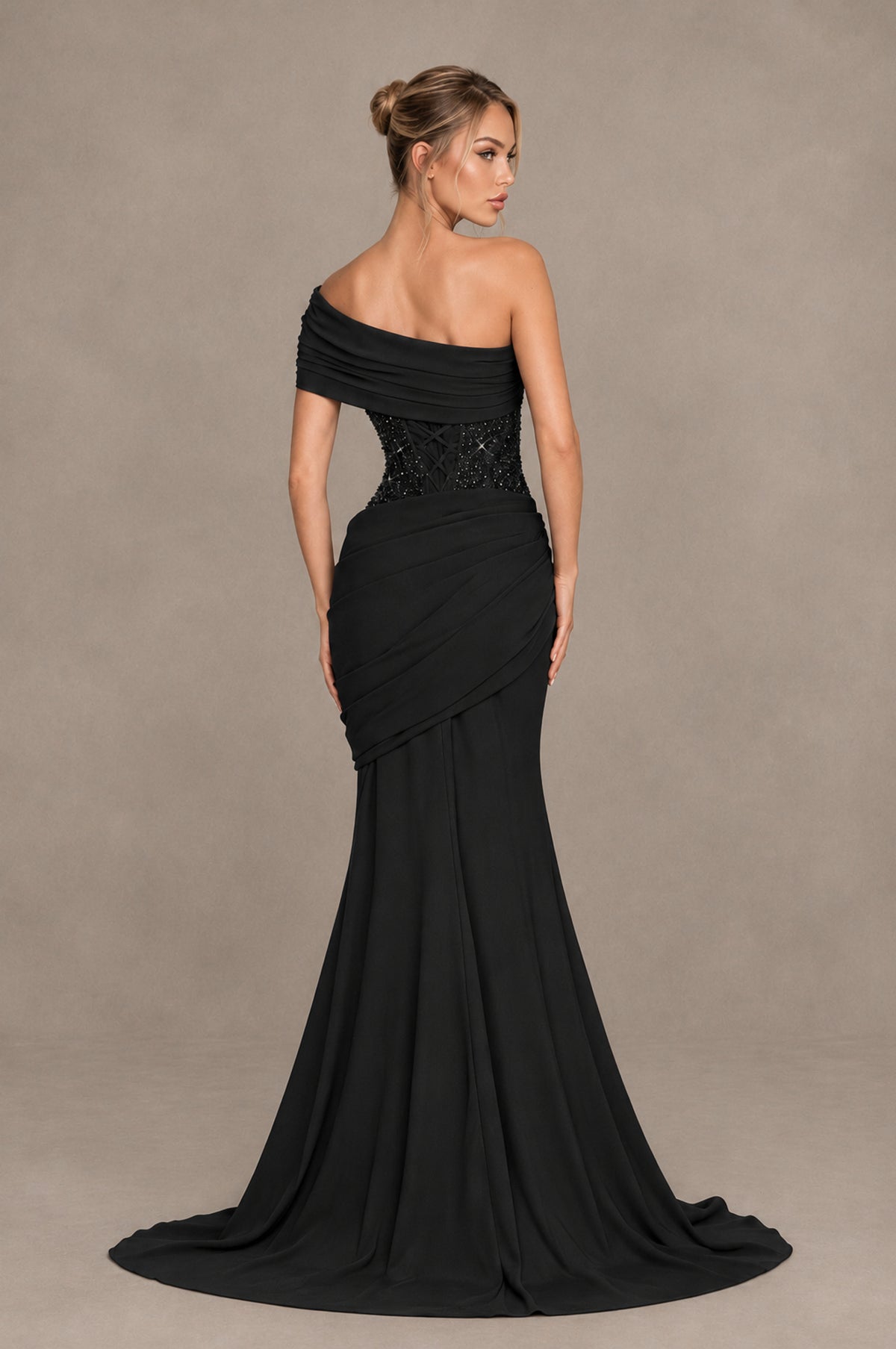 BOLODOO Black One-Shoulder Sequin Embroidered Ruched Mermaid Gown with Train - Black - Black_2