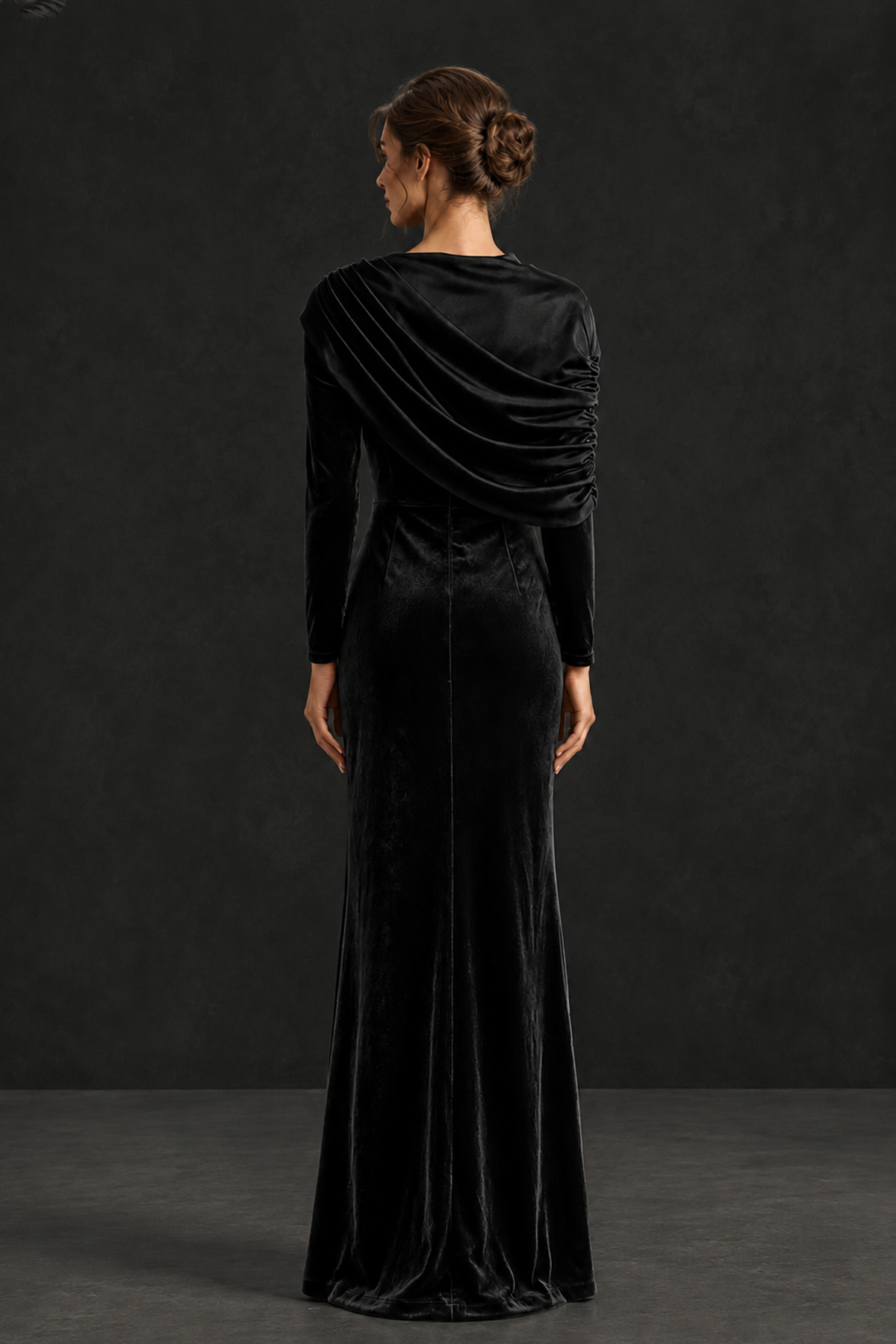 BOLODOO Black Velvet Long Sleeve Draped Mother of the Bride Dress - Black - Black_2