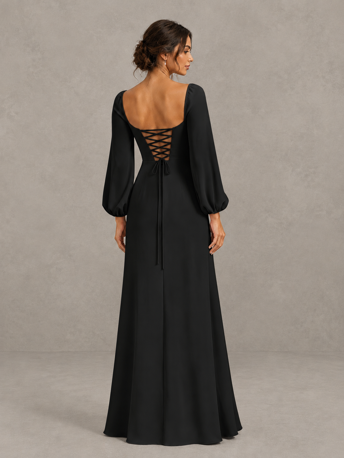 BOLODOO Black Square Neck Long Sleeve Bridesmaid Dress with High Slit - Black - Black_2