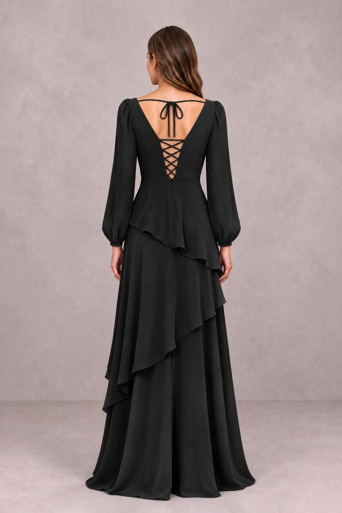 BOLODOO Black Long Sleeve Ruffle Bridesmaid Dresses - Black - Black_2