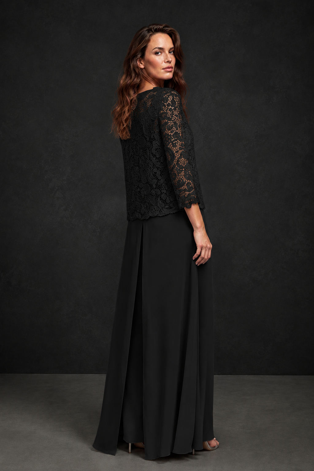 BOLODOO Black Grey Lace Peplum Top & Wide-Leg Chiffon Pants Set | Mother of the Bride & Formal Evening Outfit - Black