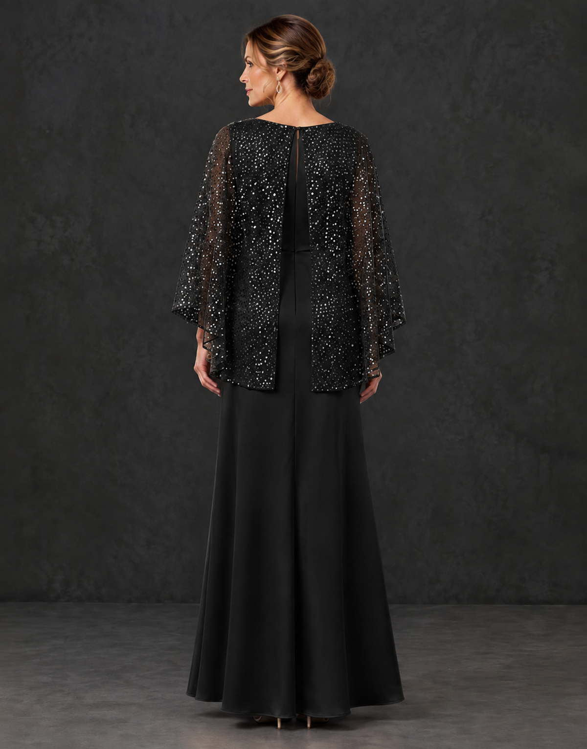 BOLODOO Black Sparkle Cape Sleeve Mother of the Bride Dress - Black - Black_2