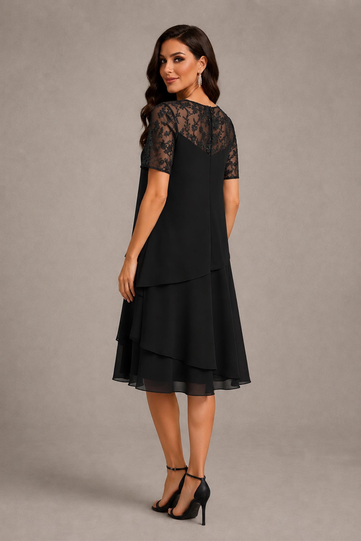 BOLODOO Black Illusion Lace Short Sleeve Tiered Chiffon Tea Length Dress | Mother of the Bride Midi Dress - Black
