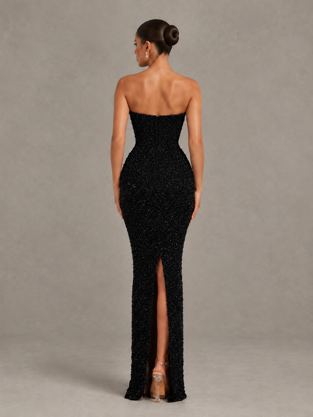 BOLODOO Black Strapless Sequin Evening Gown with Floral Neckline - Black - Black_2