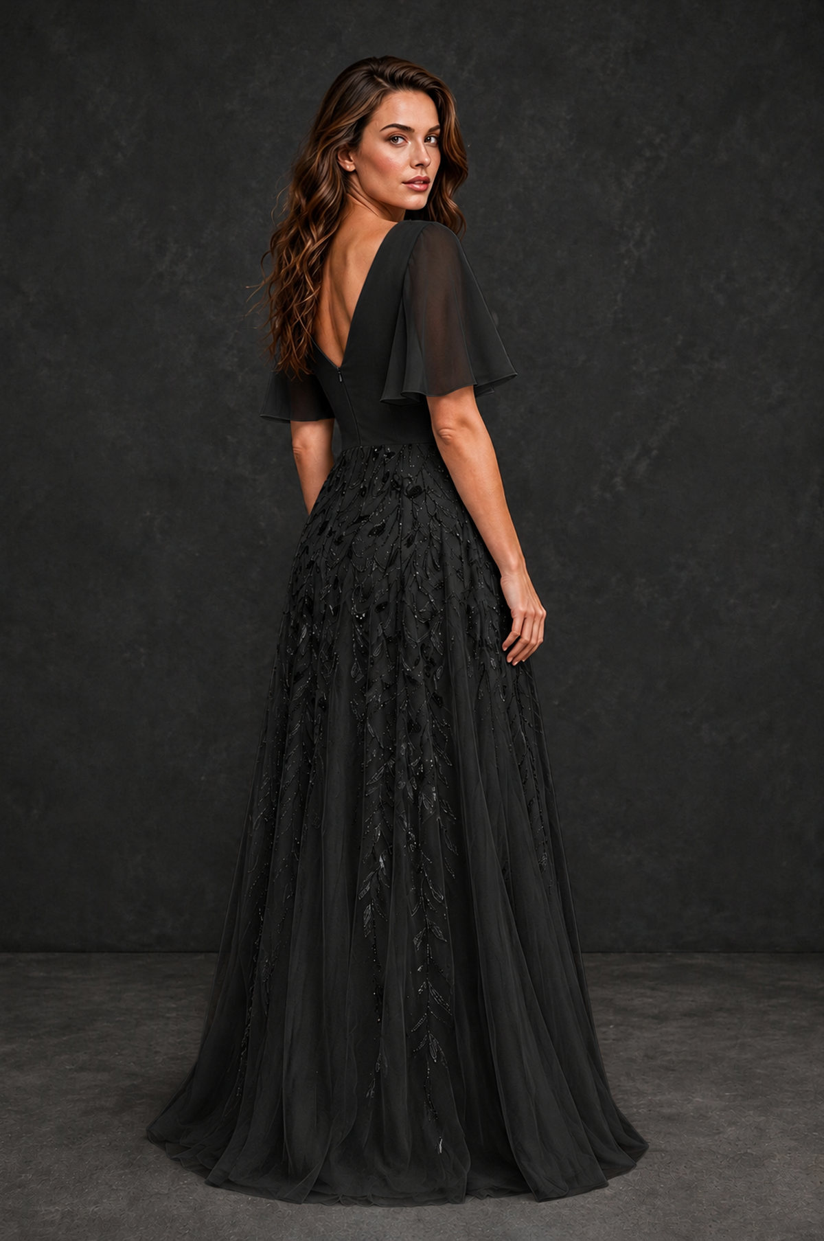 BOLODOO Black V-Neck Flutter Sleeve Beaded Botanical Tulle A-Line Gown | Mother of the Bride Evening Dress - Black - Black_2