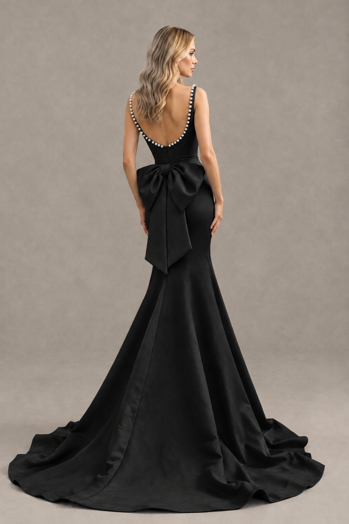 BOLODOO Black Pearl-Trim Mermaid Prom Dress with Back Bow - Black - Black_2