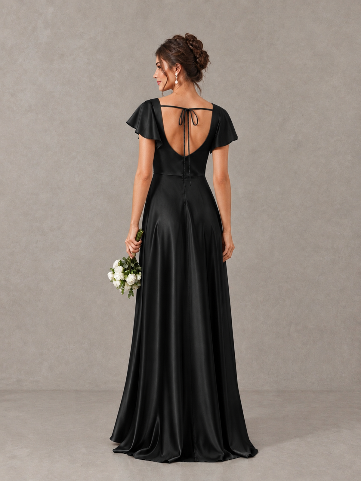 BOLODOO Black Satin Square Neck Flutter Sleeve A-Line Bridesmaid Dress with Slit - Black - Black_2