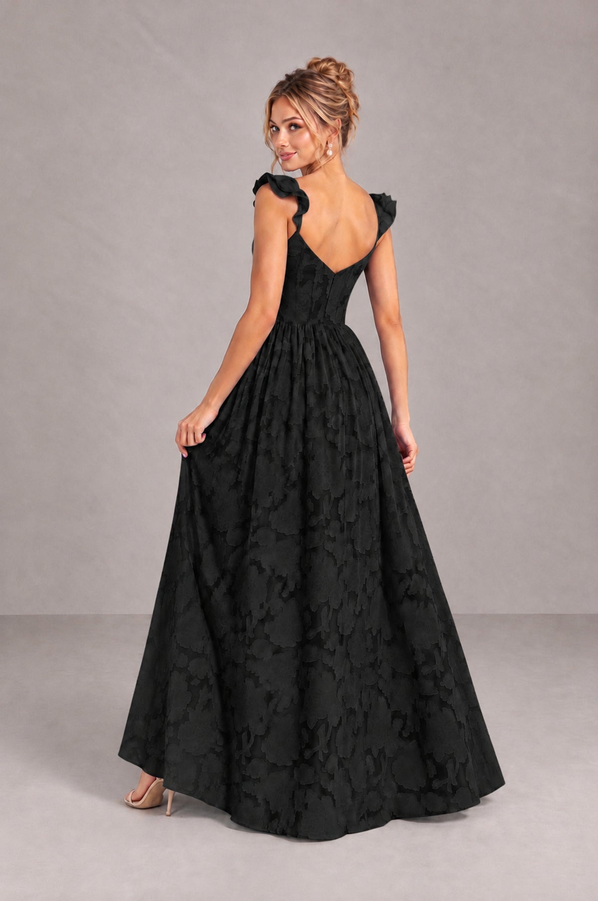 BOLODOO Black Floral A-Line Bridesmaid Dress with Slit Ruffle Straps Maxi Gown - Black - Black_2