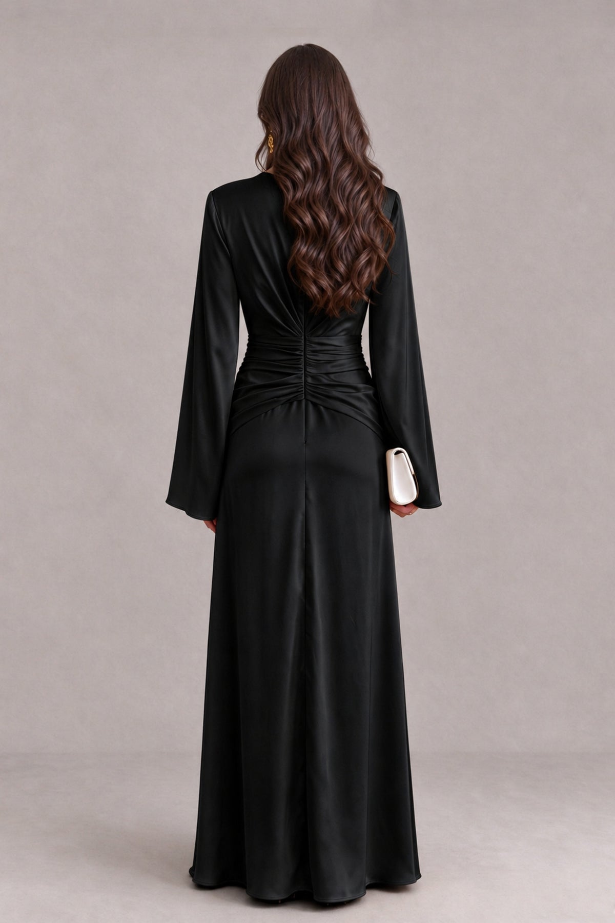 BOLODOO Black Yellow Satin-Look V-Neck Long Bell Sleeve Evening Dress - Black - Black_2