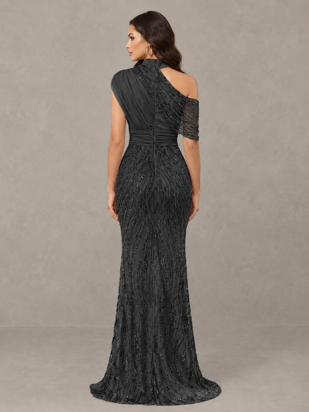 BOLODOO Black High Neck Draped Sequin Mermaid Evening Gown - Black - Black_2