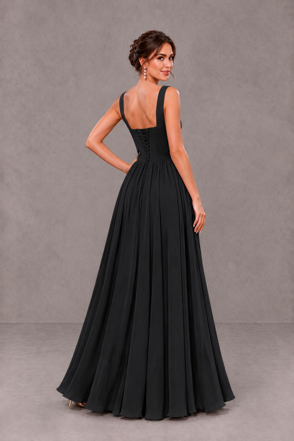BOLODOO Black Square Neck A-Line Bridesmaid Dress with Slit - Black - Black_2