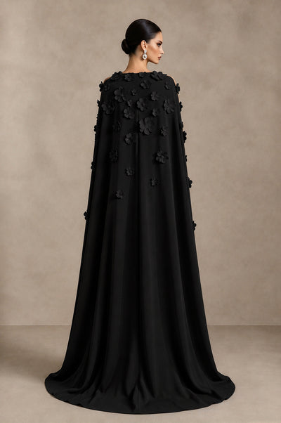 BOLODOO Black 3D Floral Applique Cape Formal Dress - Black - Black_2