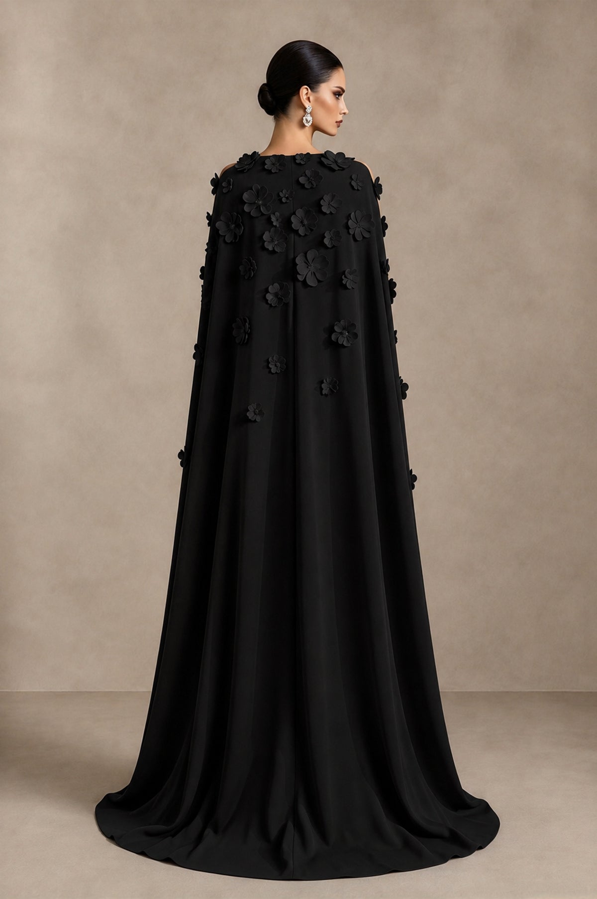 BOLODOO Black 3D Floral Applique Cape Formal Dress - Black - Black_2