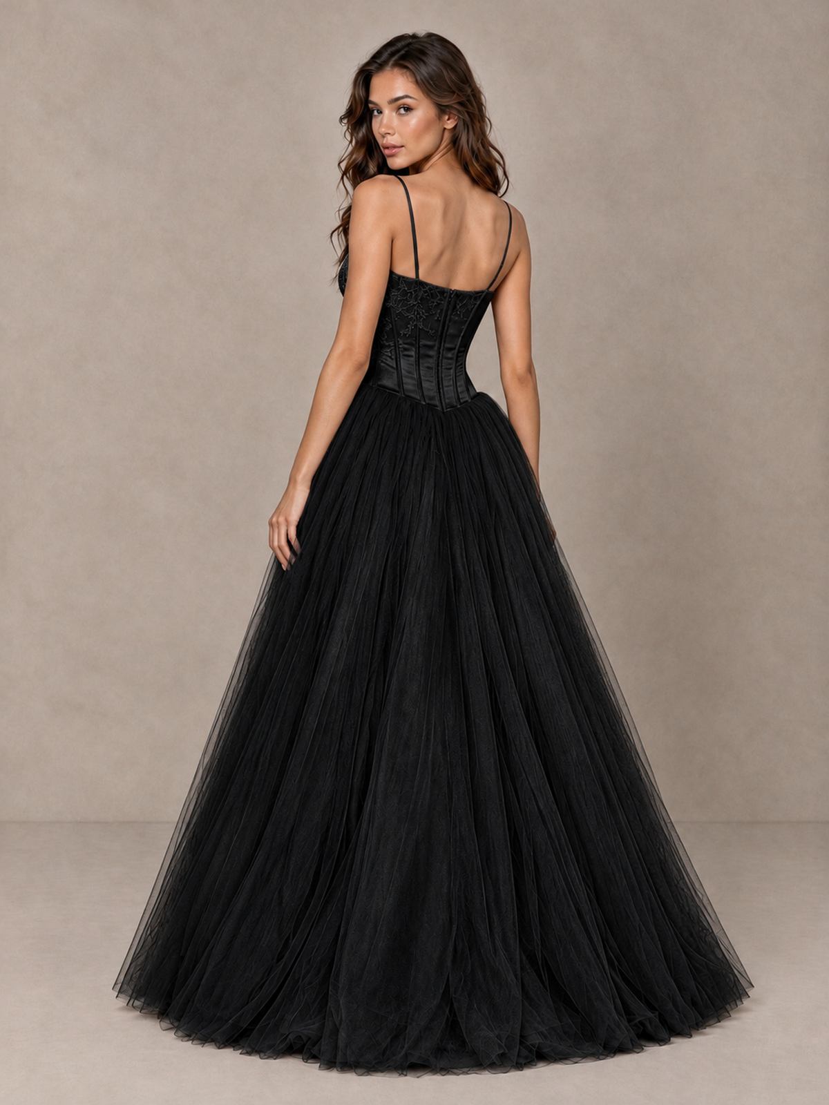 BOLODOO Black Corset Tulle Prom Dress with Spaghetti Straps - Black - Black_2