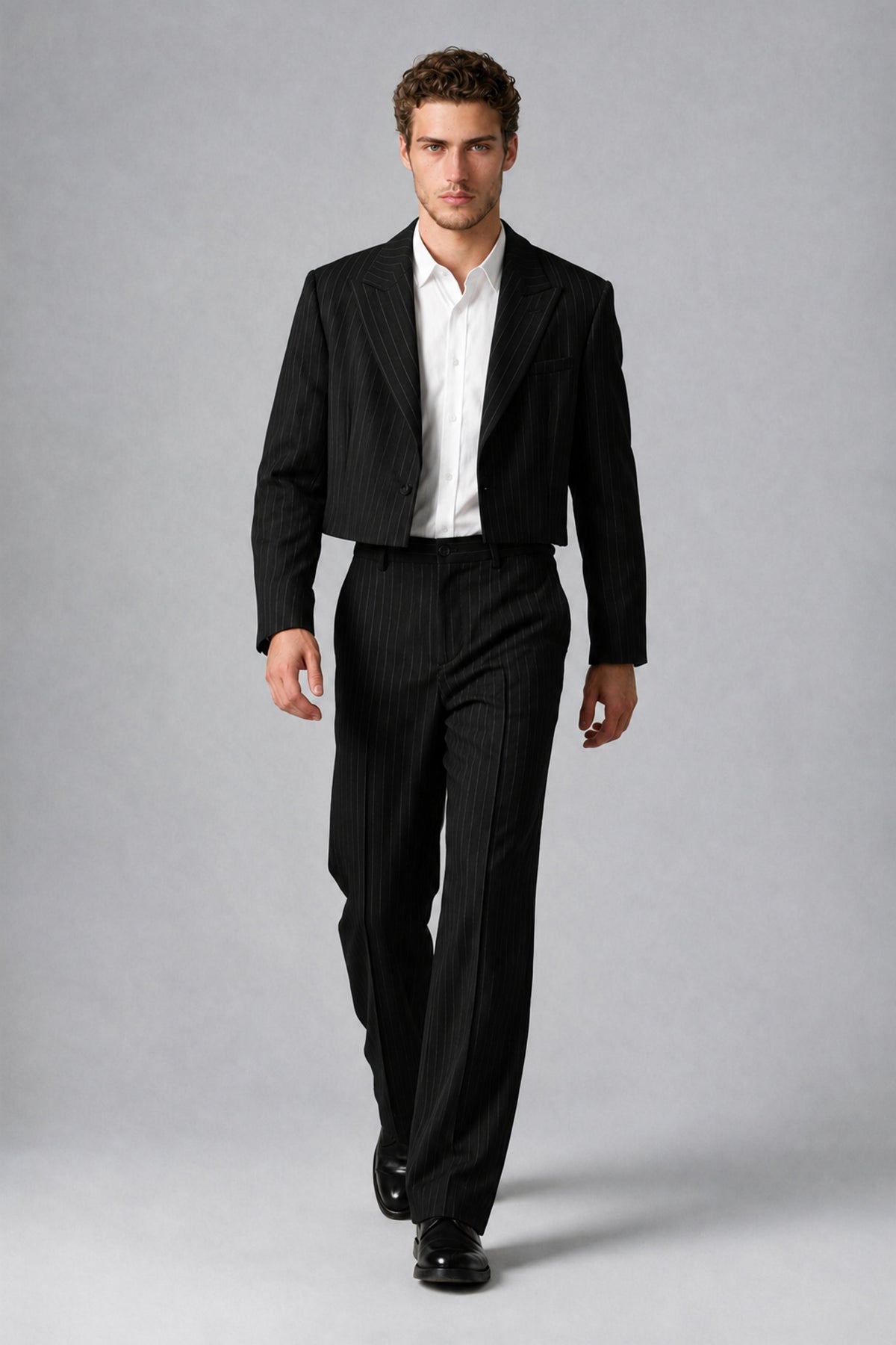 Bolodoo Men's Black Pinstripe Two-Piece Suit with Cropped Blazer & Wide-Leg Trousers - Black - Black_2