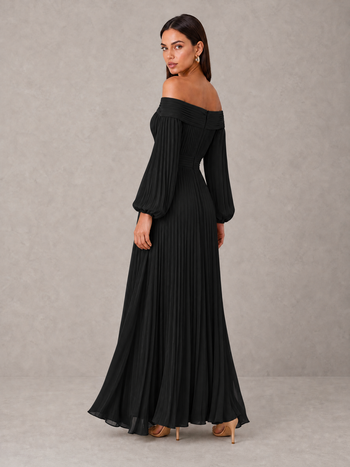 BOLODOO Black Off-Shoulder Long Sleeve Pleated High-Low Dress - Black - Black_2
