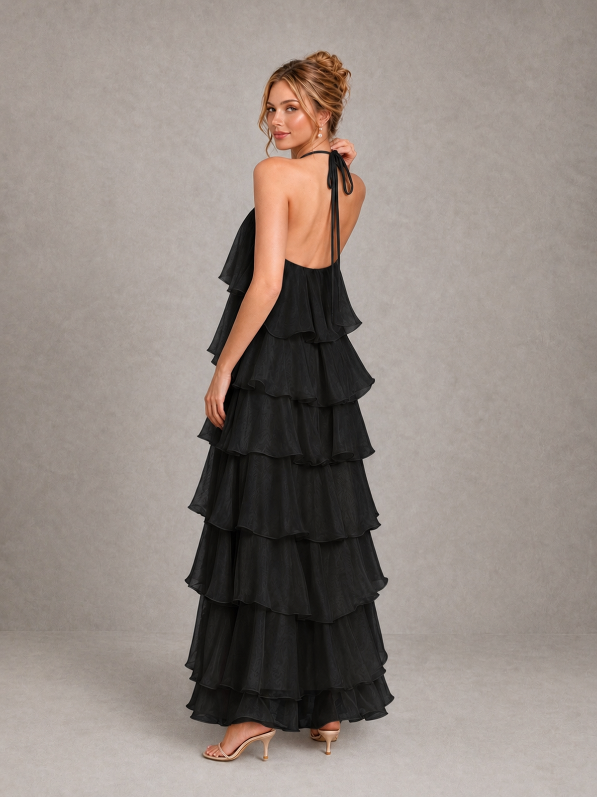 BOLODOO Black Halter Tiered Ruffle Maxi Bridesmaid Dress - Black - Black_2