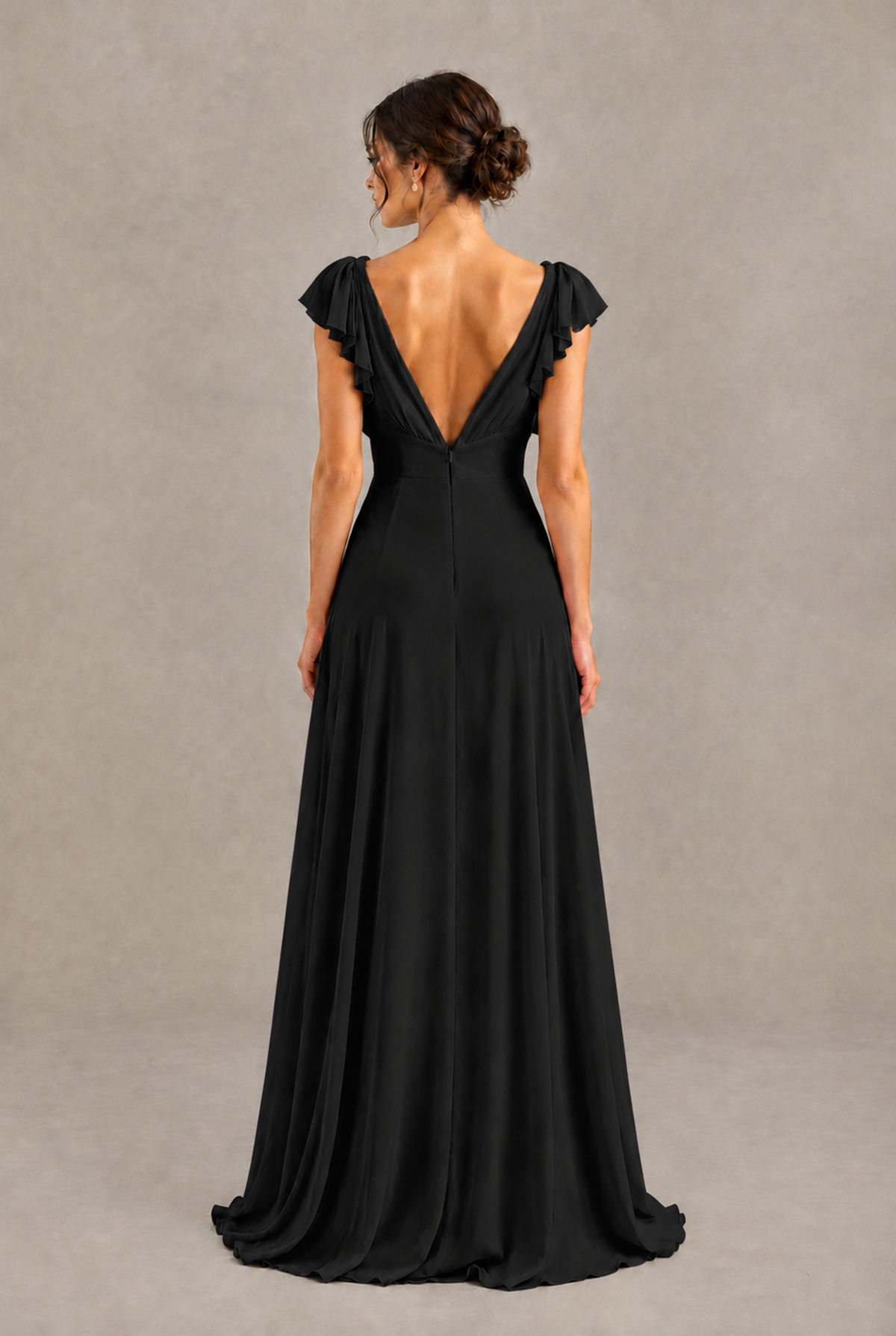 BOLODOO Black V-Neck Flutter Sleeve A-Line Bridesmaid Dress - Black - Black_2