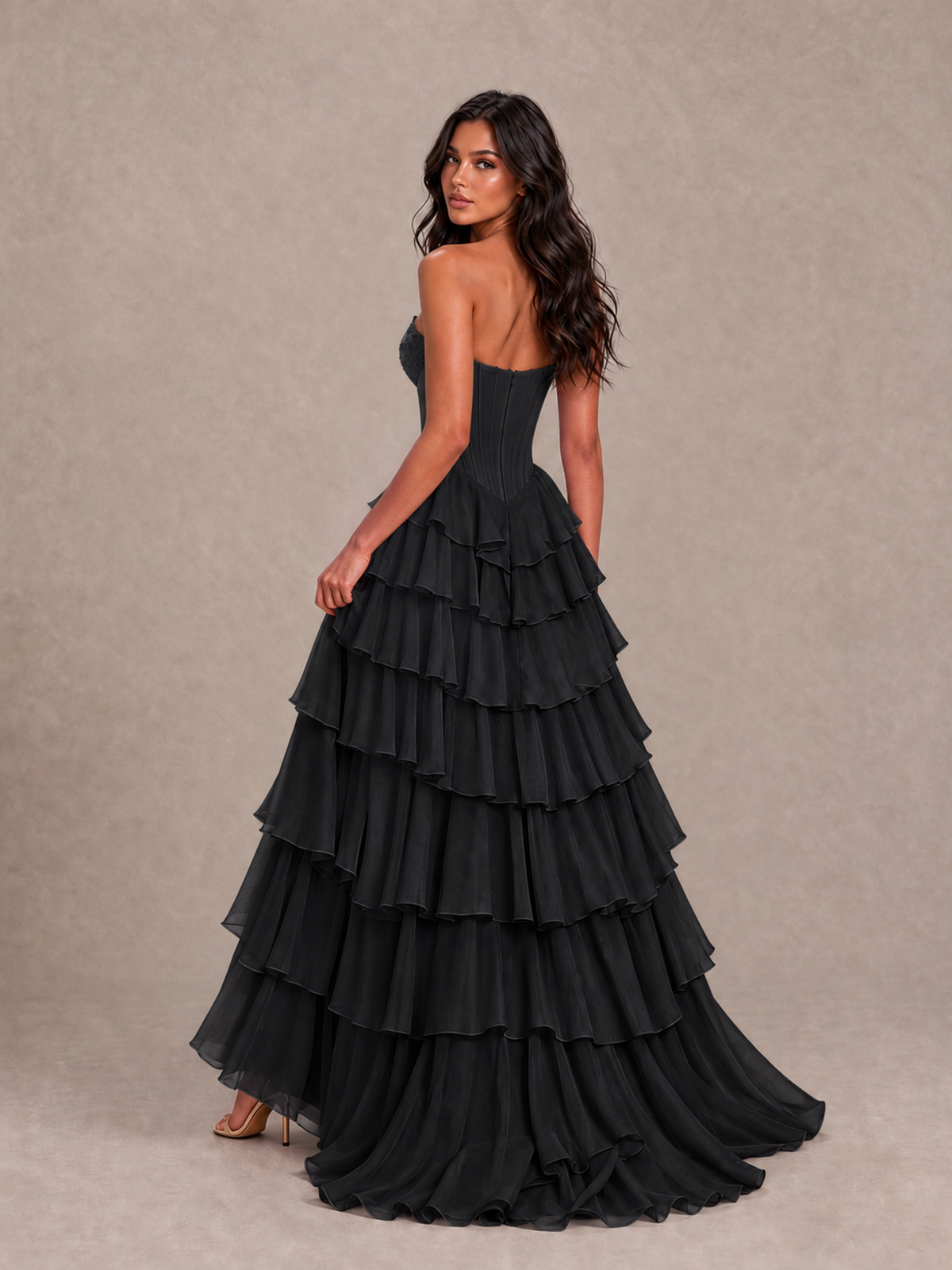 BOLODOO Black Strapless Corset Tiered Ruffle Prom Dress with High Slit - Black - Black_2