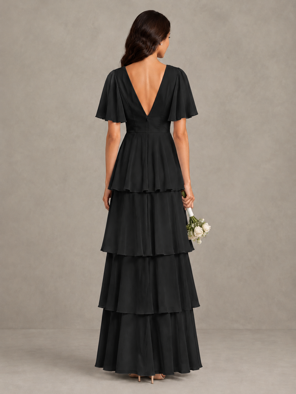 BOLODOO Black Tiered Flutter Sleeve Bridesmaid Dress - Black - Black_2