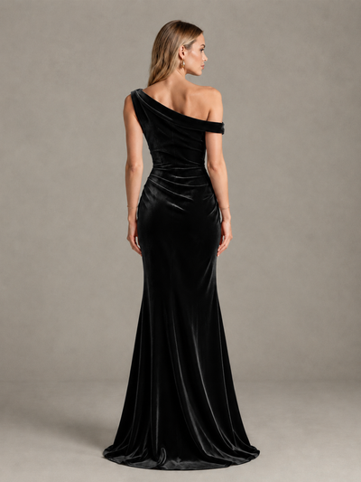 BOLODOO Black One-Shoulder Velvet Mermaid Evening Gown - Black - Black_2