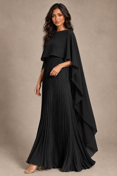 BOLODOO Black Pleated Cape A-Line Evening Dress - Black - Black_2