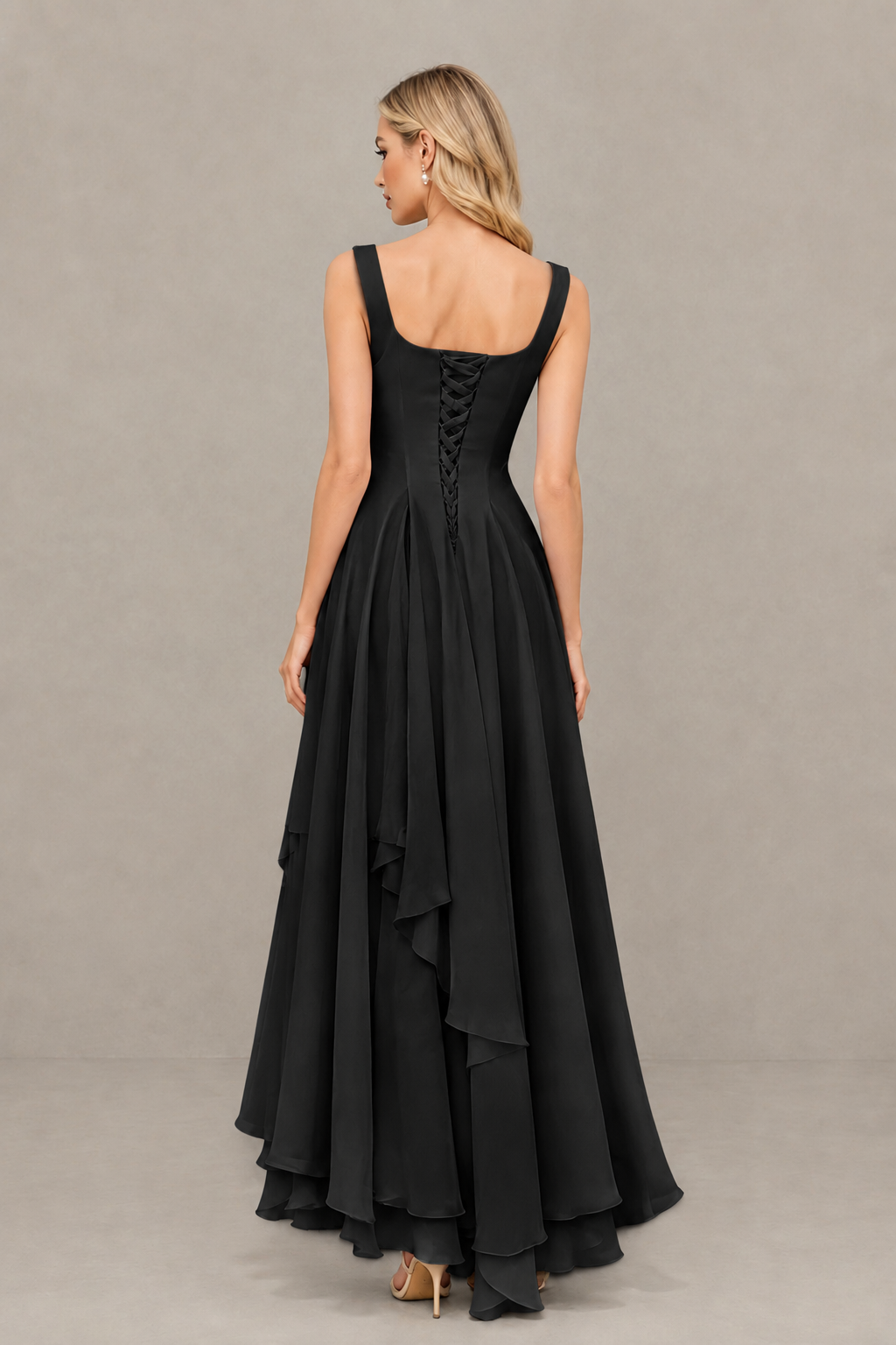 BOLODOO Black Square Neck Chiffon Bridesmaid Dress with Lace-Up Back - Black