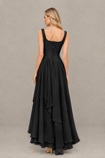 BOLODOO Black Square Neck Chiffon Bridesmaid Dress with Lace-Up Back - Black