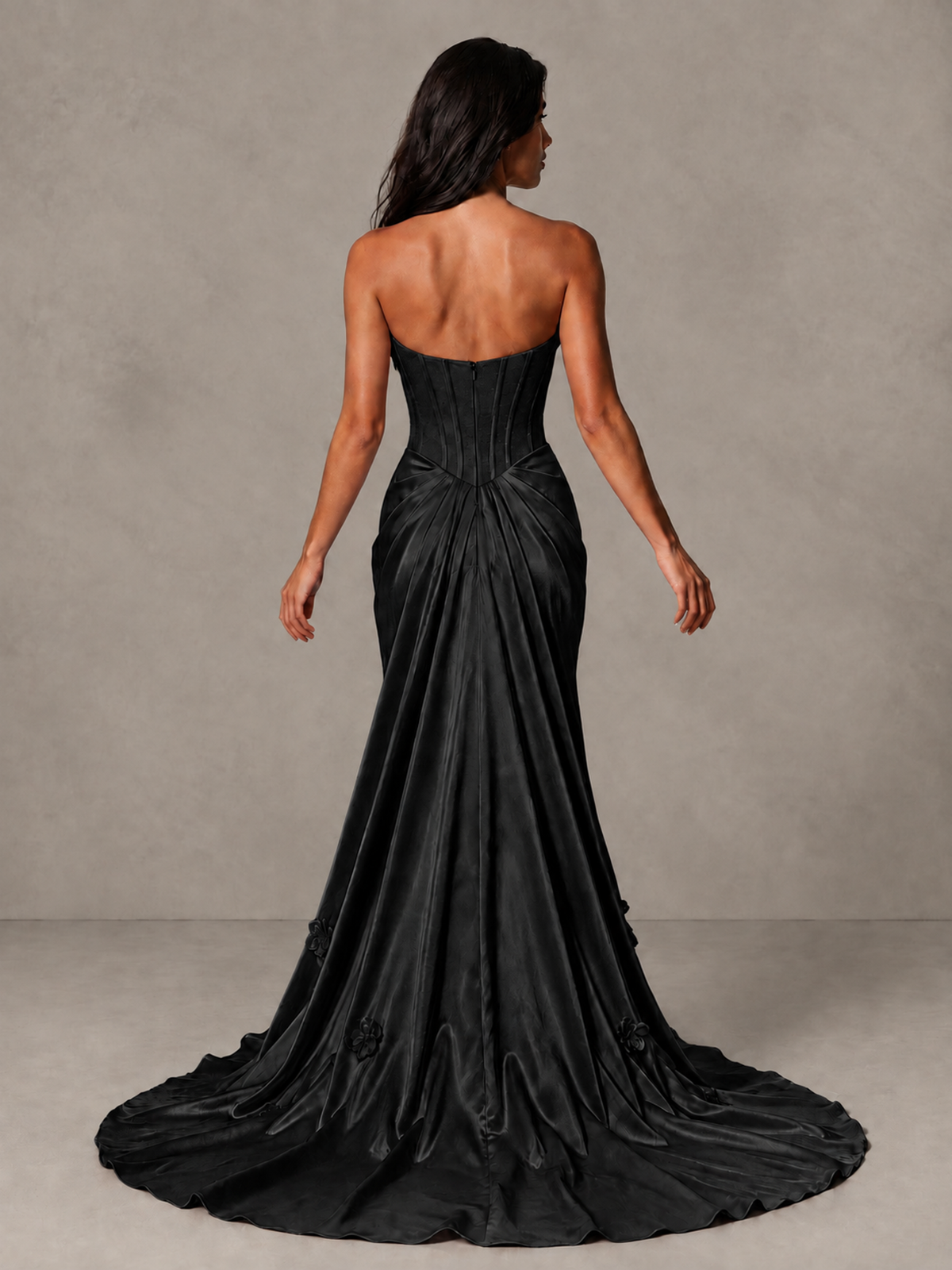 BOLODOO Black Strapless Floral Corset Evening Gown with Train - Black - Black_2