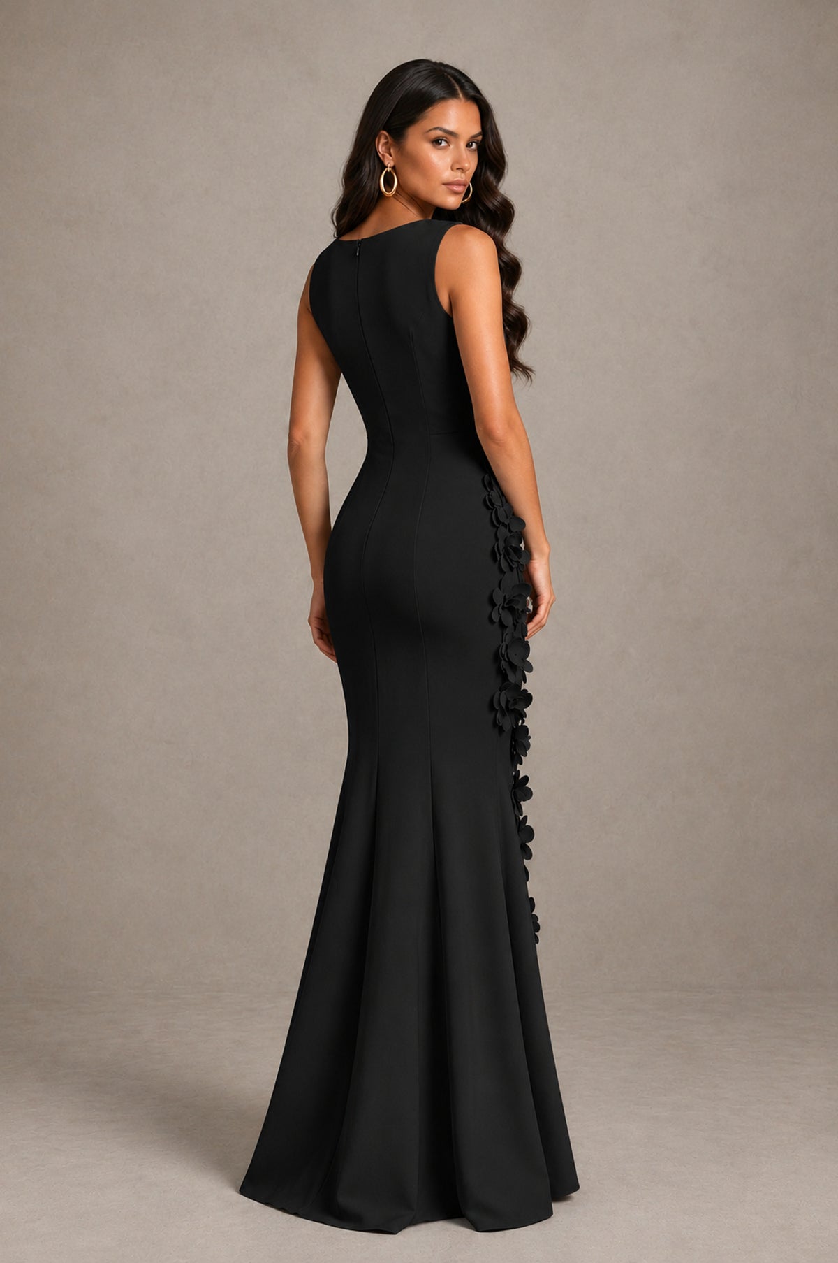BOLODOO Black Bateau Neck Sleeveless Asymmetric Peplum 3D Petal Appliqué Mermaid Gown BD0421 - Black - Black_2